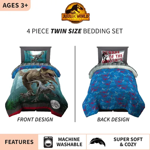 Miniatura 3 de Jurassic World Dominion Blue Velociraptor y Rexy T-Rex - Edredón reversible de microfibra súper suave, tamaño individual, ropa de cama de Franco
