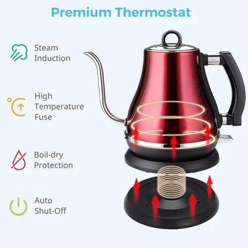 Miniatura 4 de Hervidor eléctrico de 1.2L, colorido cuello de cisne de acero inoxidable 304 1500W hogar calentamiento rápido eléctrico olla de té hirviendo, rojo