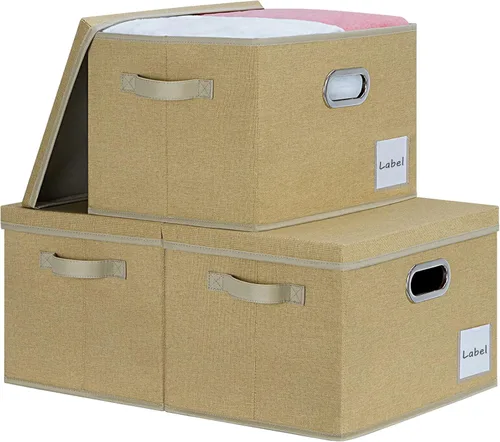 Miniatura 10 de LHZK Contenedores de almacenamiento extra grandes con tapas, cajas de almacenamiento plegables de tela de lino para organización de clósets, 15.75 x