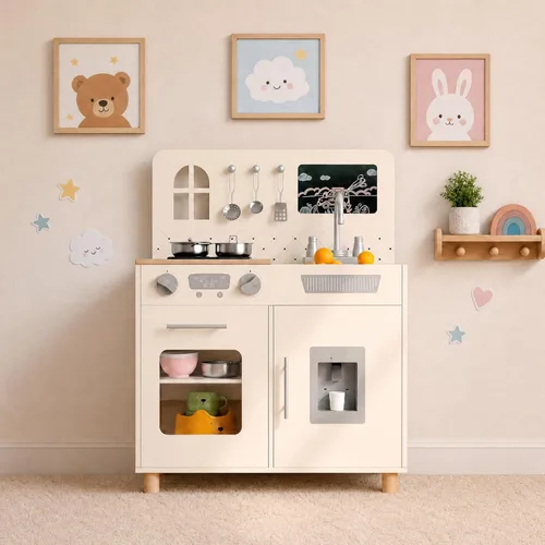 Miniatura 13 de Arlopu Juego de cocina de madera para niños con pizarra, luces y sonidos realistas, cocina interactiva con estufa, dispensador de agua, 6 utensilios