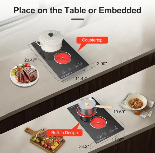 Miniatura 7 de Placa de cocina eléctrica, quemador eléctrico de 2 quemadores integrados y encimera para cocinar, estufa de 2400 W 110 V, 11 ajustes de potencia
