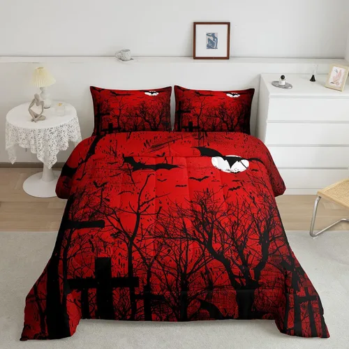 Miniatura 22 de Feelyou Juego de edredón de Halloween, color rosa fantasma, juego de ropa de cama tamaño individual, decoración para niños y niñas, lindo juego
