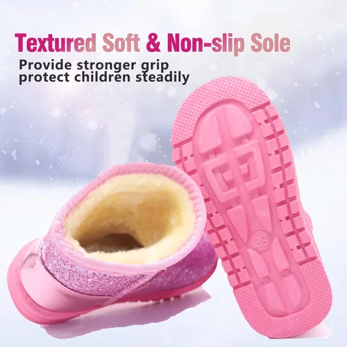 Miniatura 5 de Botas de nieve Elcssuy para niñas, para niñas y niños, cálidas, con lentejuelas de invierno, cómodas, lindas botas de nieve con purpurina al aire