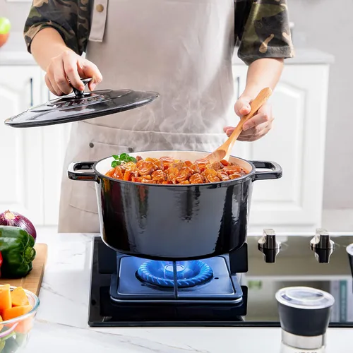 Miniatura 8 de Velaze Horno holandés de hierro fundido esmaltado de 6 cuartos de galón, olla holandesa de doble asa con tapa, horno holandés redondo antiadherente