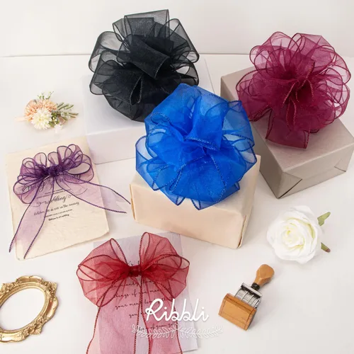 Miniatura 4 de Ribbli Cinta negra de organza con alambre, color negro transparente con borde metálico, 2-1/2 pulgadas x 20 yardas, cinta para árbol de Navidad