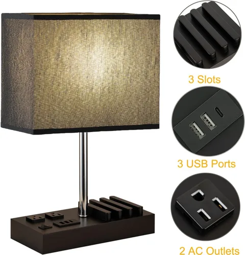 Miniatura 2 de Briever Lámpara de mesa USB, lámpara multifuncional de mesita de noche con 2 salidas de CA, 3 puertos de carga USB y organizador de soporte