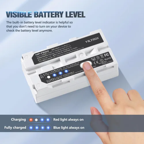 Miniatura 5 de VILTROX Batería de iones de litio NP-F550, 1 paquete (2200 mAh), repuesto para Sony NP-F550 F570 F750 F770 F950 F960 F970, compatible con luz LED
