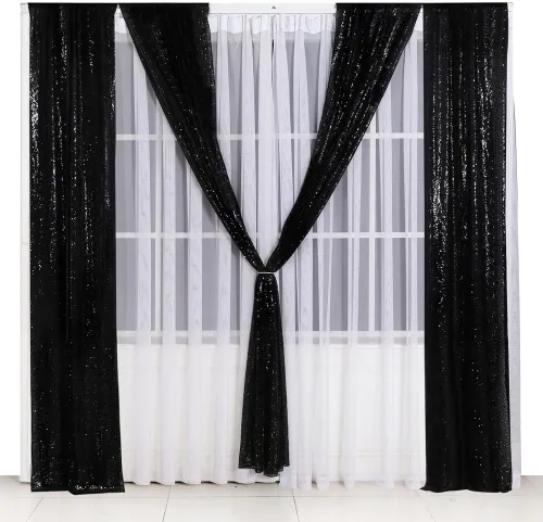 Miniatura 6 de Juya Delight - Cortina de fondo de lentejuelas negras, 4 piezas de 2 pies x 8 pies, cortina de fondo de purpurina para decoración de fiesta, Negro