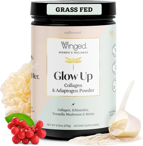 Winged Wellness Glow Up, colágeno en polvo para mujeres, suplemento de belleza para cabello, piel y uñas, con péptidos de colágeno hidrolizados