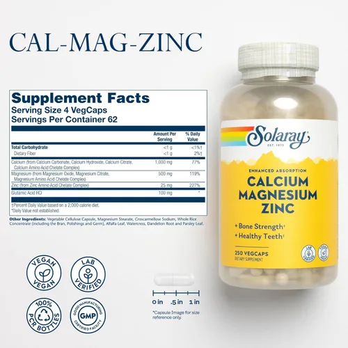 Miniatura 2 de SOLARAY Suplemento de Calcio, Magnesio y Zinc - con Calcio 1000mg, Magnesio 500mg - Salud ósea, función muscular, salud del corazón y apoyo