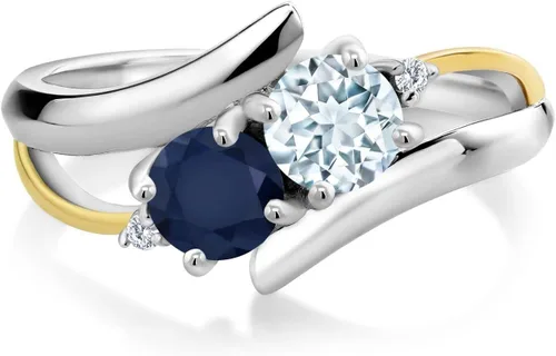 Miniatura 2 de Anillo cruzado de 2 piedras de plata esterlina 925 y oro amarillo de 10 quilates, azul aguamarina, zafiro azul aguamarina y diamante blanco