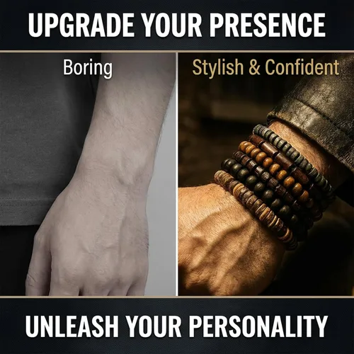 Miniatura 4 de TIESOME 6 pulseras de cuentas para hombre, cuentas de madera multicapa y pulseras de cuero trenzado, cordón elástico ajustable, estilo grunge