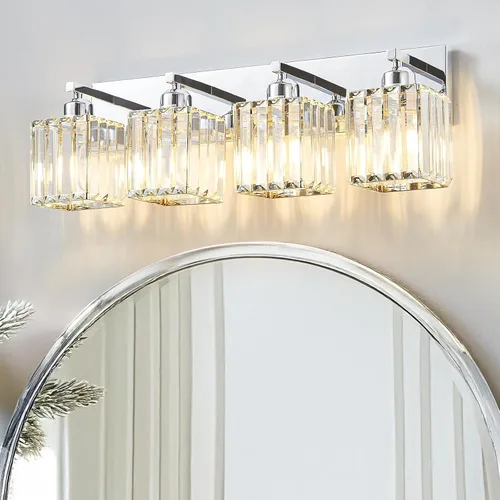 Miniatura 10 de Moderna lámpara de tocador de baño de 3 luces de cristal cromado moderno sobre espejo cromado iluminación de tocador de cristal aplique de pared