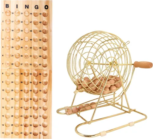 GSE Games & Sports Expert Juego de bingo de lujo con jaula grande de bingo de metal dorado y latón (12 pulgadas de alto), tablero maestro de madera
