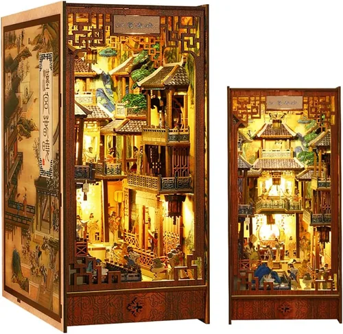 Miniatura 8 de TOPBSFARNY Kit de rincón de libros – Rompecabezas de madera 3D en miniatura para estanterías, kits de bricolaje con luz LED para adultos y SL09