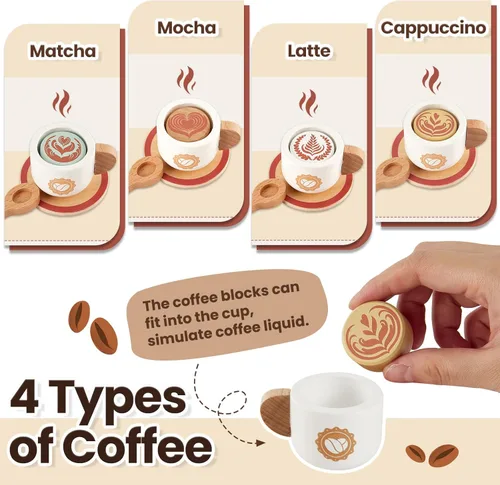 Miniatura 5 de BUYGER Cafetera de juguete para niños, juego de café de madera, juego de juegos de simulación, accesorios de cocina, regalos para niños de 3, 4 y 5