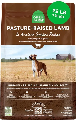 Open Farm - Alimento seco para perros con cordero criado en pastos y granos ancestrales, receta de cordero criado en pastos con granos sanos, sin