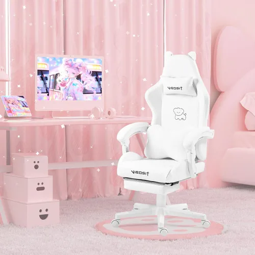 Miniatura 8 de Silla de gamer verde con reposapiés de gato de Vigosit, silla de escritorio de gamer ergonómica y linda con orejas de gato, silla de computadora