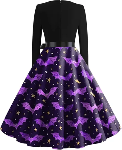 Miniatura 2 de Vestido de Halloween para mujer, de manga larga, con vuelo, de cóctel de los años 50, vestido de calabaza y esqueleto impreso, disfraz de fiesta