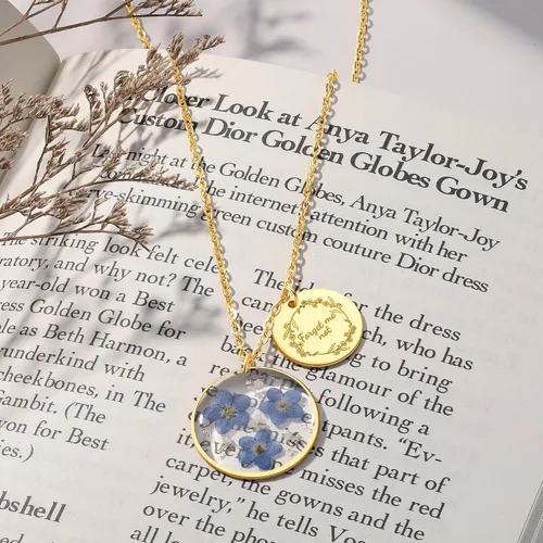 Miniatura 86 de Forget-Me-Not and Queen Anne's Lace Pressed Wildflower Necklace Birth Month Real Flower Necklace Gold/Silver Pressed Flower Jewelry