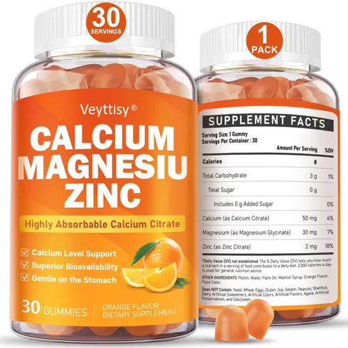 Calcium Magnesium Zinc Gummies for Women & Men - Highly Absorbable Calcium Citrate 50 mg - Non-GMO, Sugar-Free, Gelatin Free, 30 Gummies
