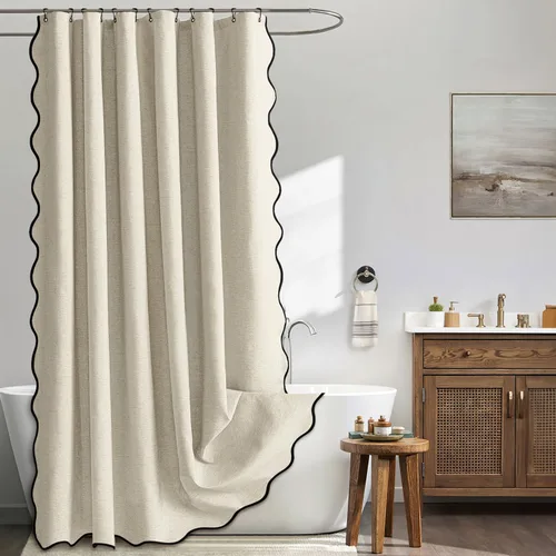 Miniatura 13 de MIULEE Cortina de ducha festoneada de lino texturizado con 12 ganchos de metal, bonita cortina de ducha de tela gruesa resistente, lavable, Negro