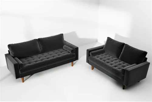 Miniatura 6 de Container Furniture Direct Womble - Asiento tapizado de terciopelo moderno de mediados de siglo con almohadas de cojín, sofá, color azul