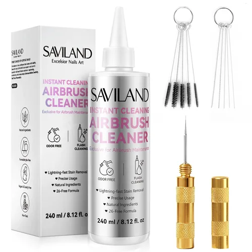 Kit de Limpieza de Aerógrafo SAVILAND: Kit de Limpieza de Aerógrafo Instantáneo 240ml de 10S, Libre de Acetona con Bajo Olor, Incluye Cepillo de