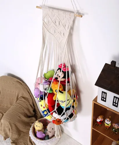 Miniatura 8 de Hamaca de animales de peluche, red para colgar en la pared para almacenamiento de animales de peluche, soporte de juguetes de macramé, exhibición
