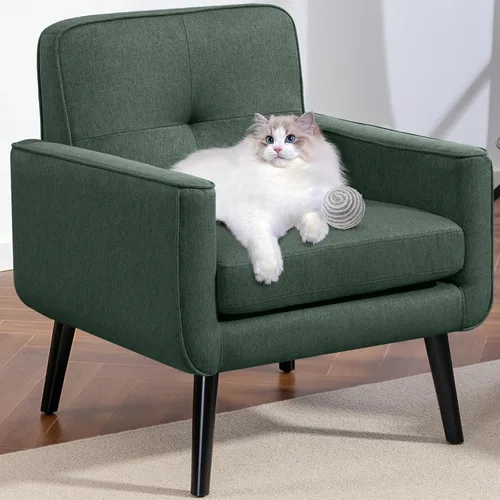 Miniatura 11 de Sillón moderno de acento de mediados de siglo, silla de piel sintética PU con estructura de madera, sillón acogedor para lectura con respaldo cómodo