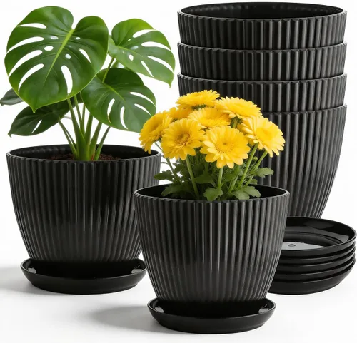 RooTrimmer Macetas de Plástico Engrosado Negro de 7.5 Pulgadas con Platillos, Paquete de 6 Maceteros Modernos para Plántulas para Plantas de