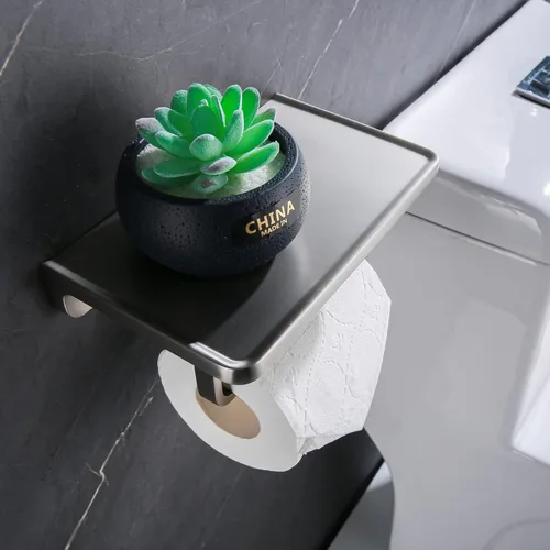 Miniatura 5 de RANDOM Soporte de papel higiénico con estante Dispensadores de papel higiénico de níquel cepillado Soporte de papel higiénico de metal sólido