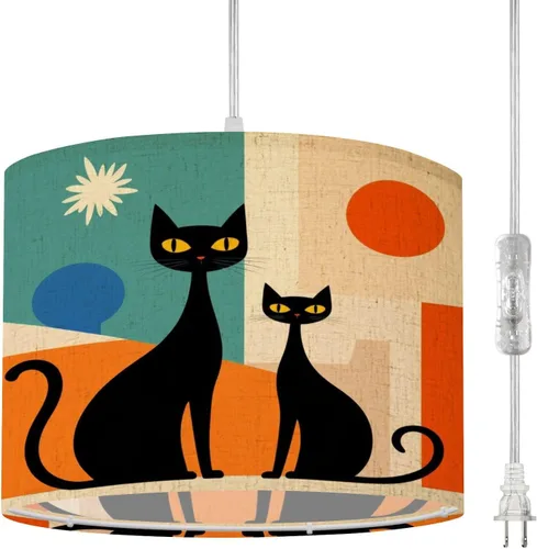 Miniatura 10 de Boho Plug in Pendant Light Sleek Black Cats Vibrant Atomic Patterns 1960s Design 16.4ft Plug in Cord Dimmable Hanging Lamp Fabric Lamp Shade Pendant