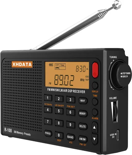 XHDATA R108 Radio Portátil AM/FM/SW/LW/Airband Receptor de Onda Corta Radio Operado por Batería con Buena Recepción, Excelente Sonido Altavoz