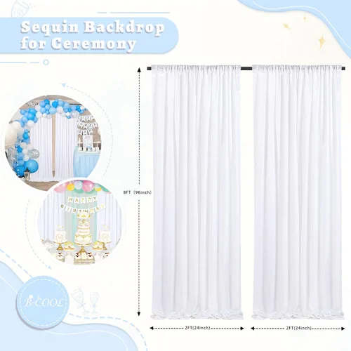 Miniatura 5 de B-COOL Cortinas de lentejuelas blancas, 2 piezas de 2 x 8 pies, telón de fondo brillante para fotos, cortina de telón de fondo para cumpleaños