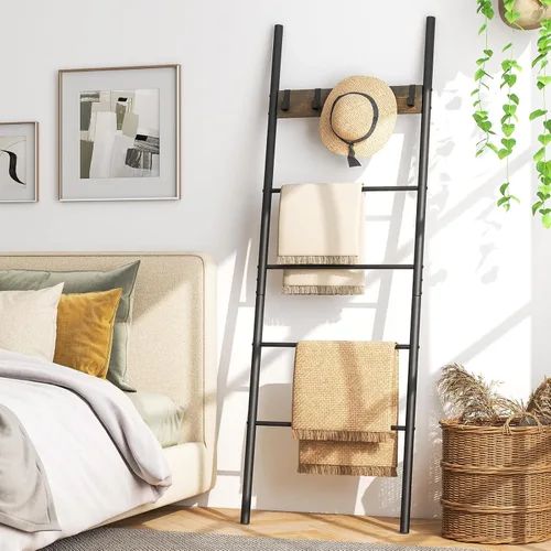 Miniatura 2 de Tangkula Escalera para mantas, estante de escalera de 5 niveles con 5 ganchos extraíbles, soporte decorativo para manta inclinado en la pared