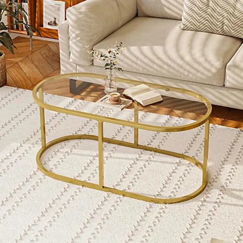 Miniatura 3 de Mesa de centro de cristal dorado Mesas de centro para sala de estar, Mesa ovalada Mesa central con marco de metal resistente, Mesas decorativas