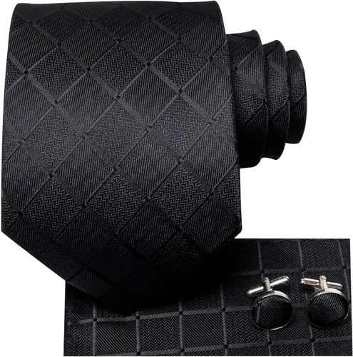 Miniatura 2 de Hi-Tie Corbata clásica a cuadros para hombre con gemelos de pañuelo