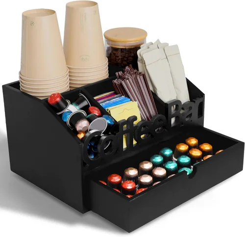 Miniatura 17 de Organizador de Barra de Café para Encimera – Caddy de Estación de Café de Madera con Compartimentos para Cápsulas, Condimentos, Té y Accesorios