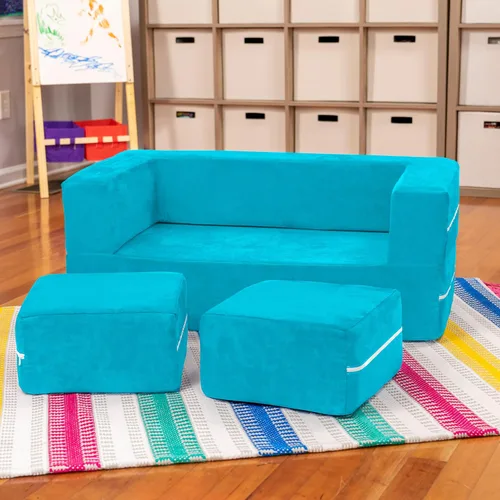 Jaxx Zipline - Sofá biplaza modular y otomana para niños, tumbona plegable, color aguamarina