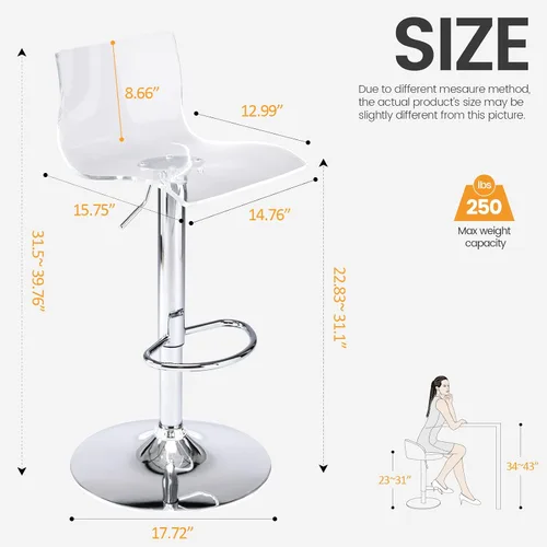 Miniatura 3 de Brage Living Taburetes de bar de acrílico con respaldo medio, juego de 2, taburetes de bar giratorios ajustables transparentes, sillas de bar