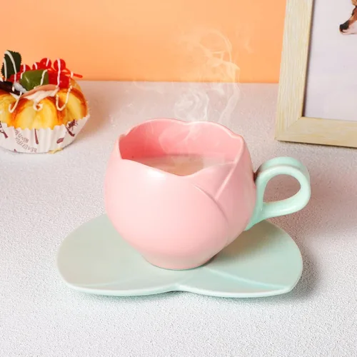 Miniatura 2 de UPKOCH Juego de tazas de café de cerámica con diseño de tulipán retro con platillos para uso diario en la cocina