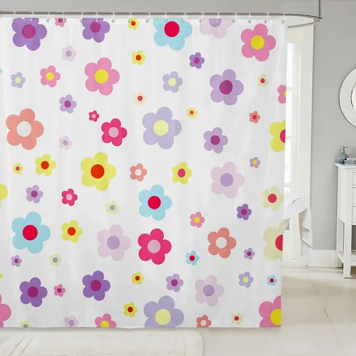 Miniatura 13 de Cortina de baño de flores de margarita para niños y niñas, cortina de ducha floral para decoración de baño, 72 x 72 pulgadas, retro, floral
