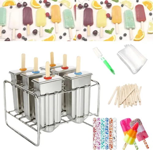 Miniatura 7 de Juego de 6 moldes de paletas de acero inoxidable, moldes de metal para paletas, máquina casera para hacer golosinas de hielo con 50 palos de madera