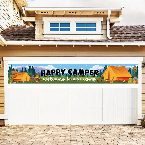 Miniatura 6 de Cartel de fondo de Happy Camper con 118.1 x 19.6 pulgadas, tela de poliéster de tamaño largo, letrero de telón de fondo para camping, suministros