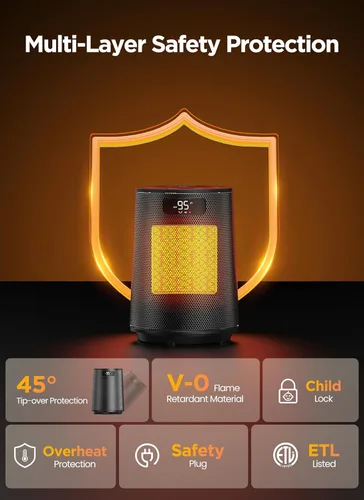 Miniatura 6 de GiveBest Calentador de espacio, calentadores eléctricos portátiles para uso en interiores con termostato y control remoto, oscilación de 70°, Negro