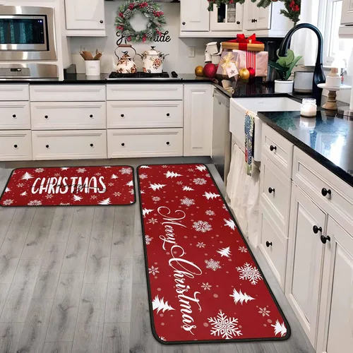Juego de 2 alfombras y tapetes de cocina de Navidad, decoraciones navideñas para el hogar, parte trasera antideslizante, tapete de cocina de Copo de