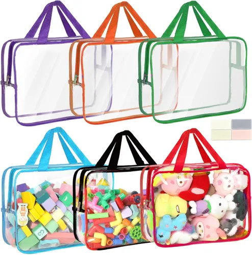 Paquete de 6 bolsas de almacenamiento de juguetes con etiquetas, 11.8 x 8.7 x 3.9 pulgadas, grandes, de PVC, reutilizables, transparentes, para