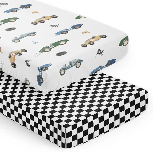 Sweet Jojo Designs 2-Piece Baby Crib Sheets Set (Vintage Race Car) for Boys, Infant Nursery, Toddler Room - Fitted, Standard Size (Gingham Checkered