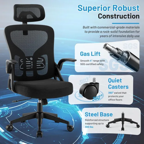 Miniatura 6 de Office Chair Ergonomic Desk Chair with Adjustable Headrest Lumbar Support, High Back Breathable Mesh Chair with 120° Tilt & Flip-Up Armrests, Swivel
